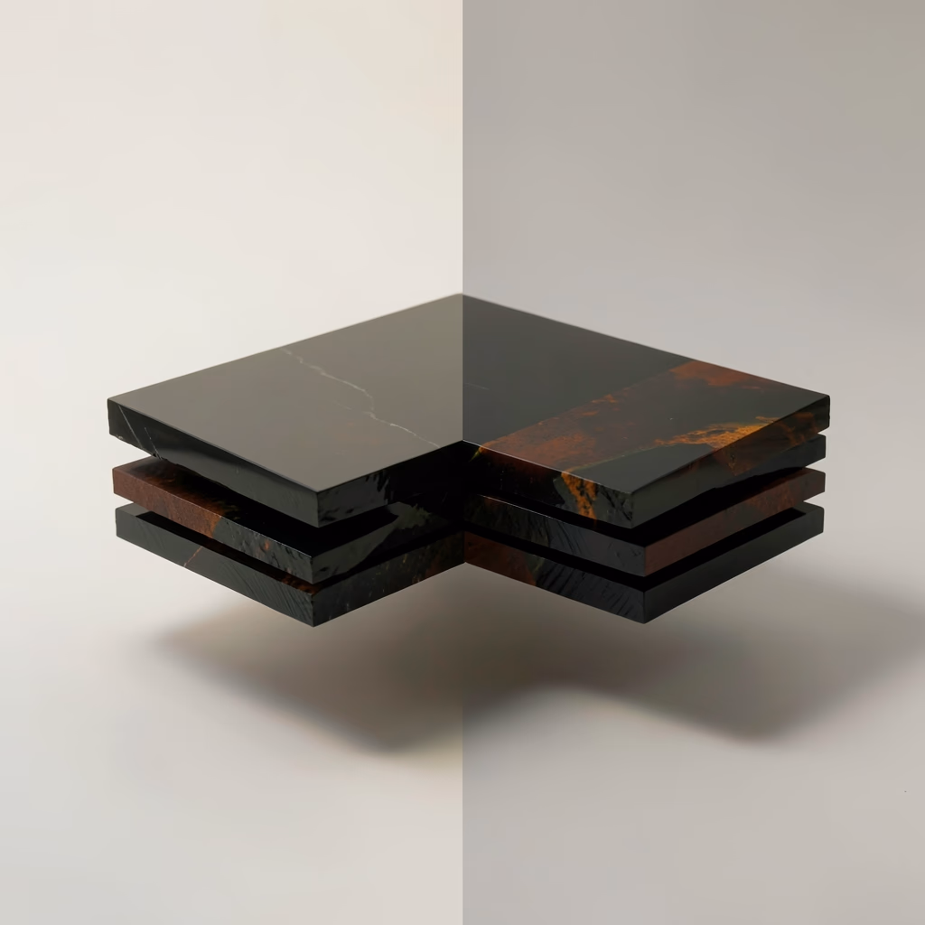 Sculptural Stacked Slabs — stacked slabs in red, quiet arrangement