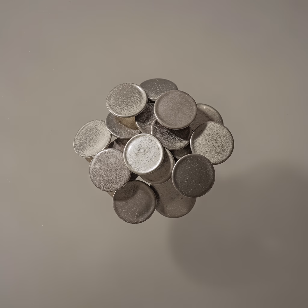 Dark Metal Discs — floating discs in monochrome, dense arrangement