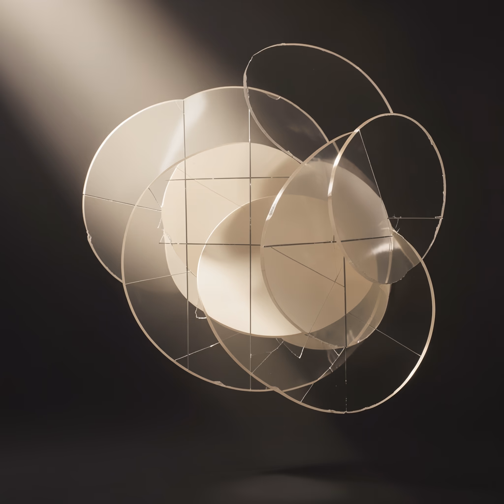 Disc Field — Planes of fragmented circles recede in a shallow cascade, each more transparent than the last.