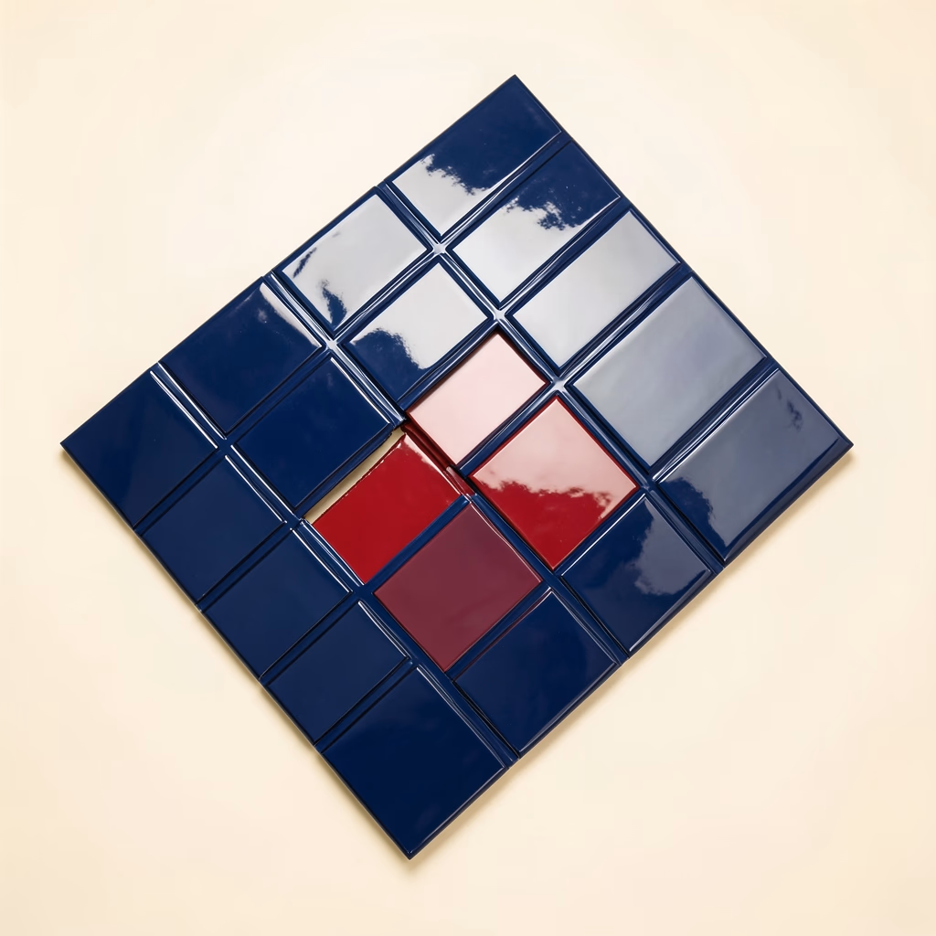Lean — A tilted grid leaks color into one cell.