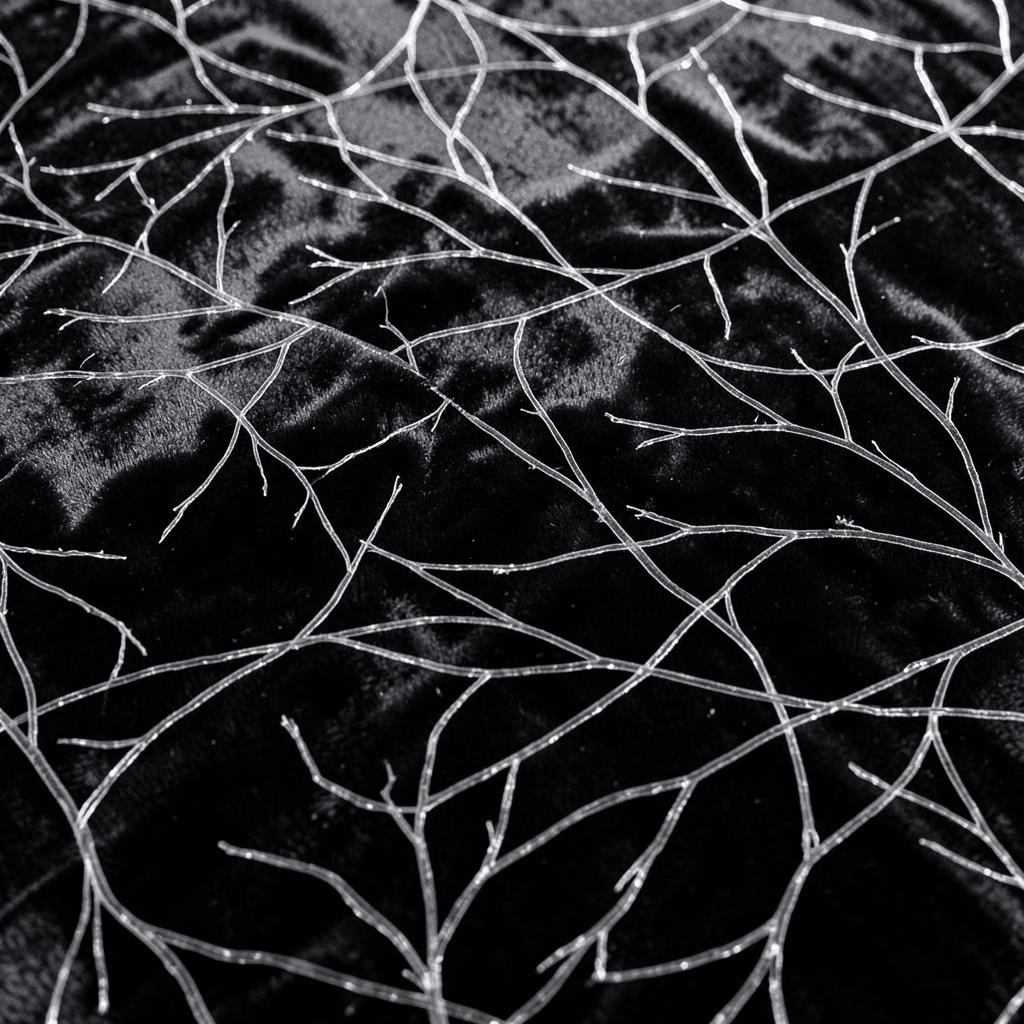 Slow Disintegration — Deep-pile velvet planes intersect in a delicate tessellation, interrupted by a solitary branching filament.