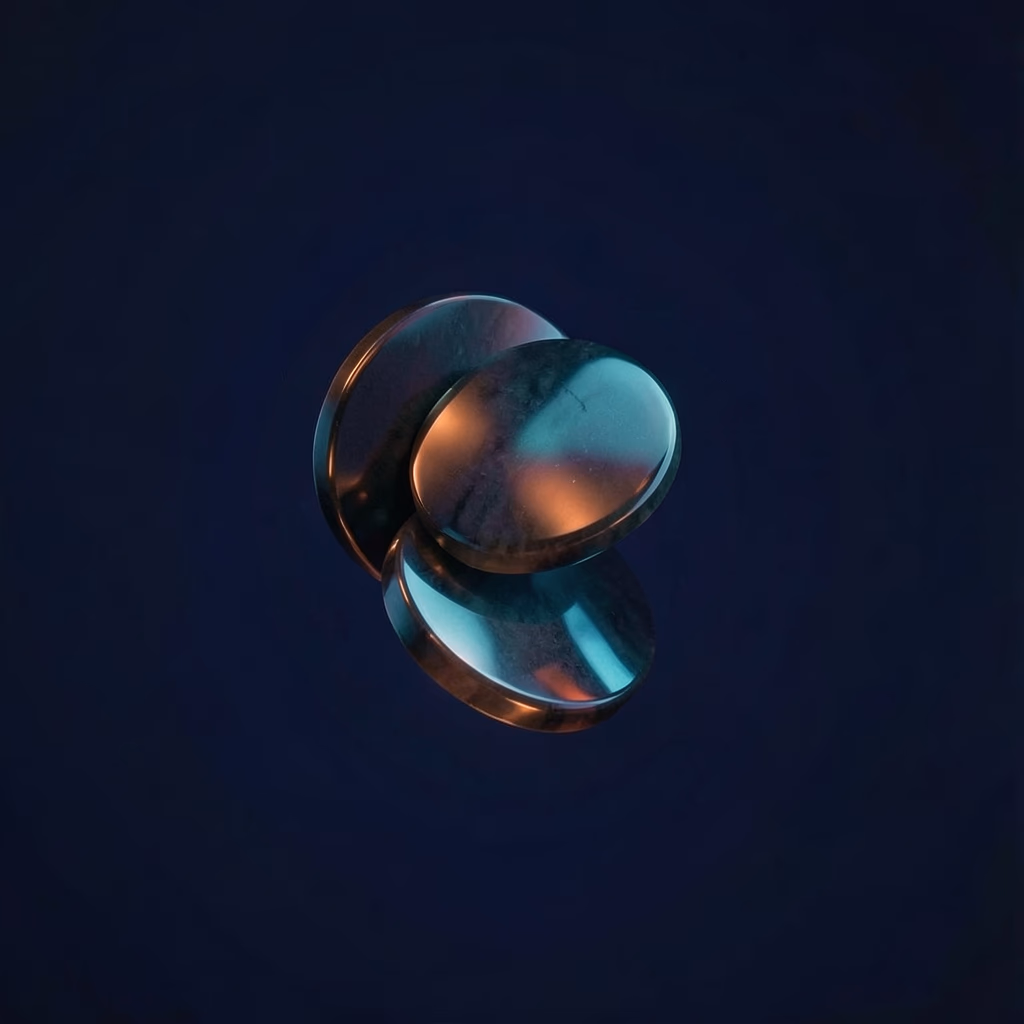 Triad — Three stone discs hover in dark blue.
