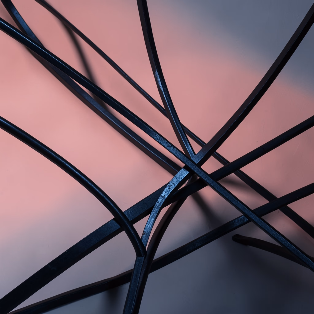 Brushed Metal Beams — calligraphic beams in rose, sparse arrangement