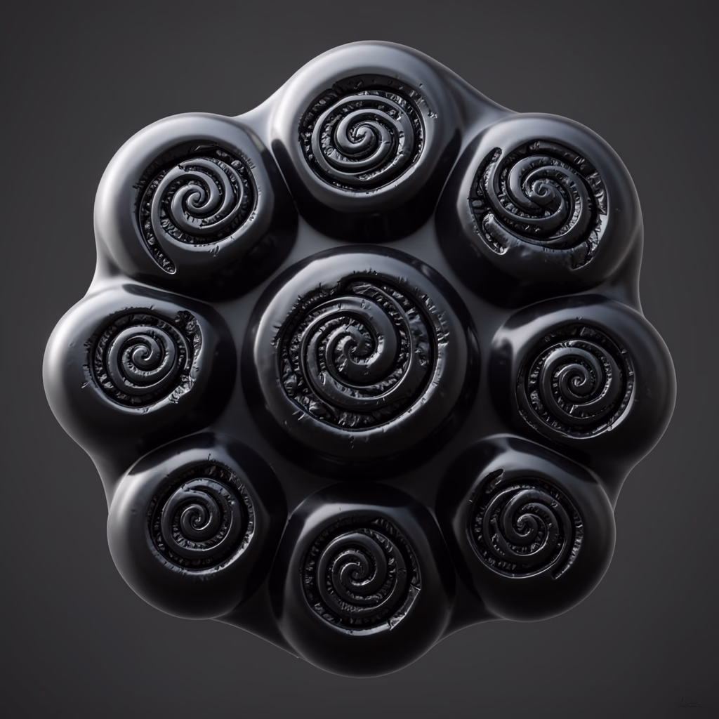 Obsidian Patience — spiral marks in red, sparse arrangement