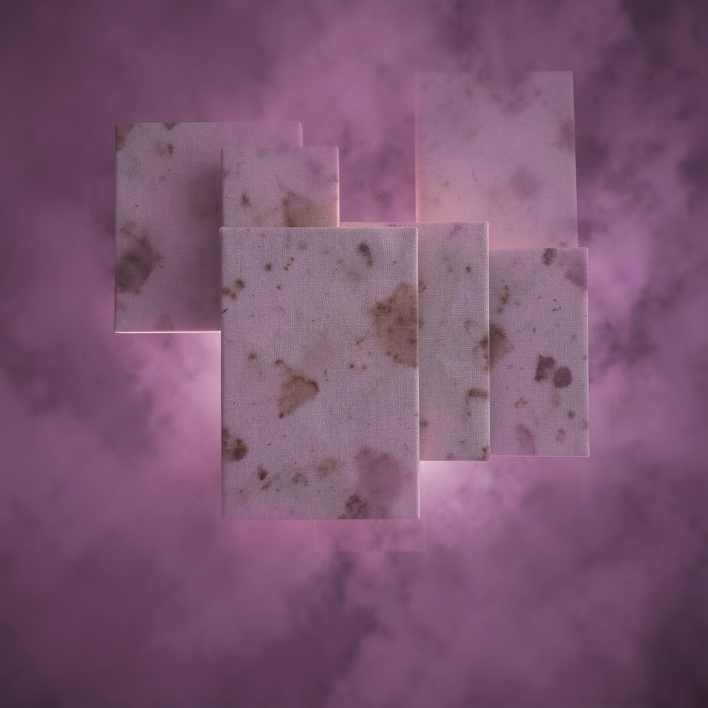 Tunnels in a Circle — nested squares in violet, fragmented arrangement