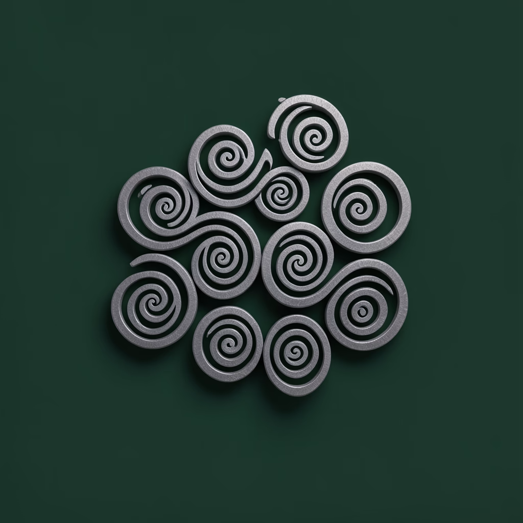 Glyphs — spiral marks in green, balanced arrangement