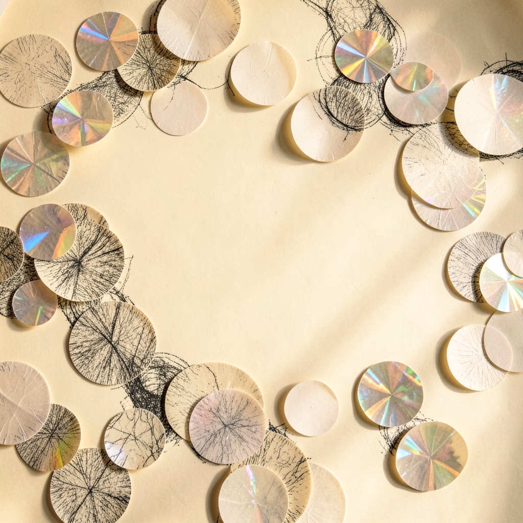 Paper — prismatic discs in ochre, sparse arrangement